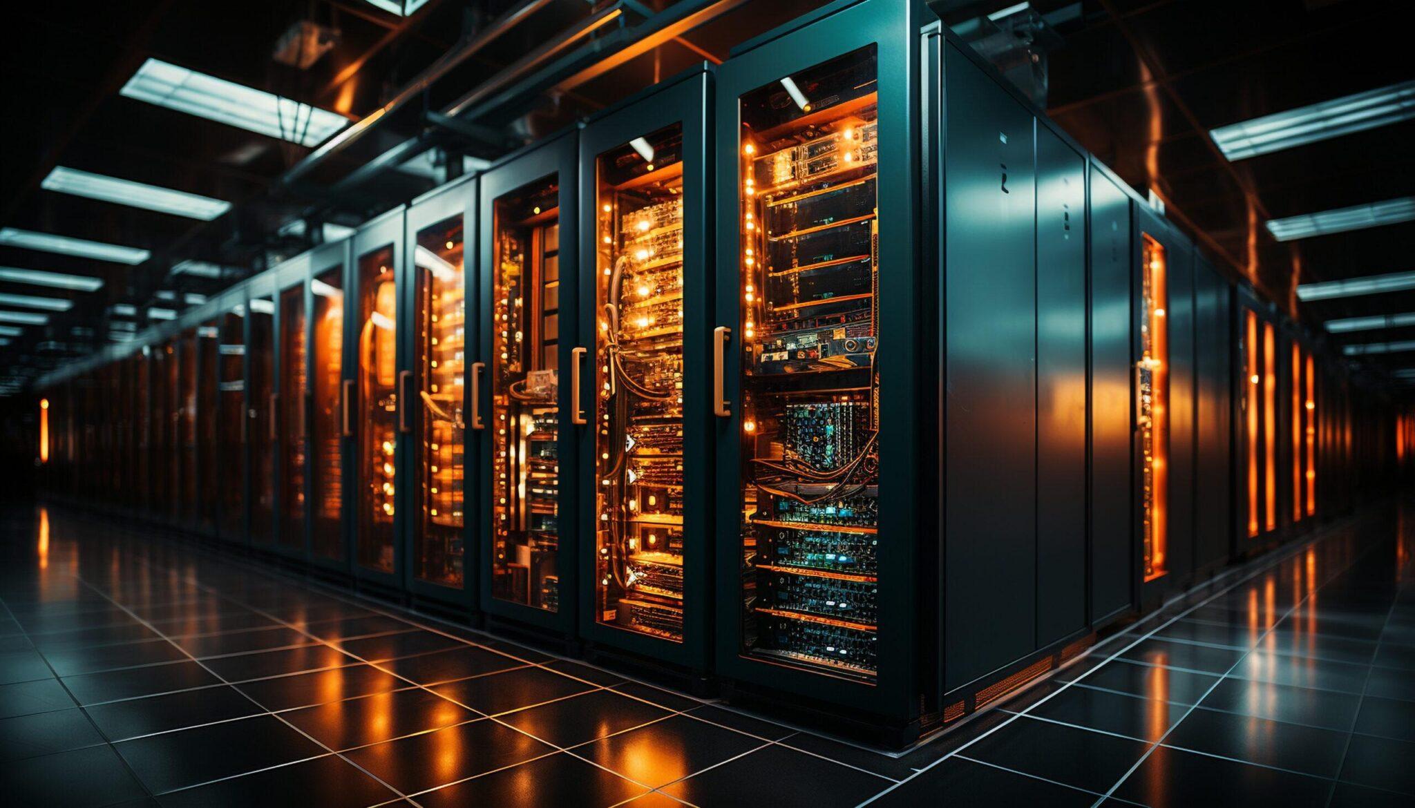 Futuristic computer network connects global industry in modern warehouse generated by AI