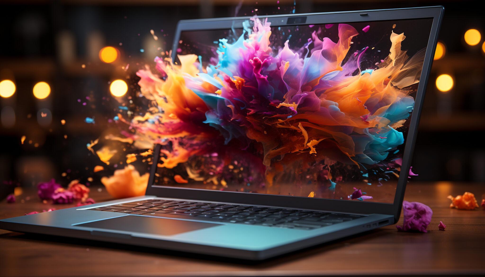 Glowing laptop on wooden desk, modern office, abstract technology generated by AI